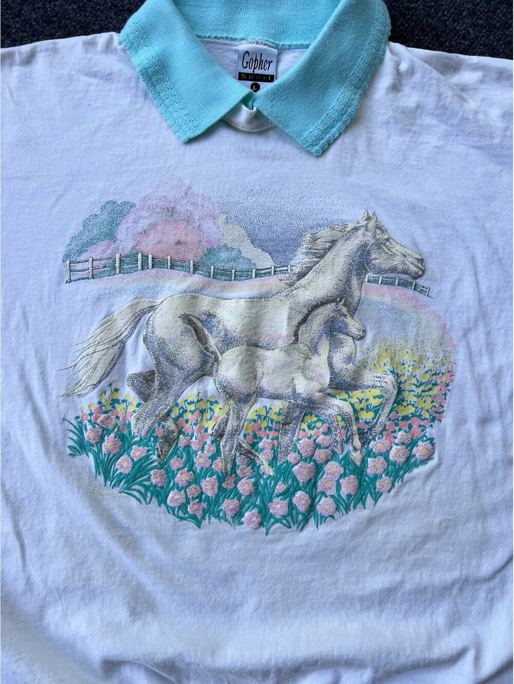 Vintage 90s Gopher Sport USA Made Horse Graphic Top Womens L Cottagecore Whimsy